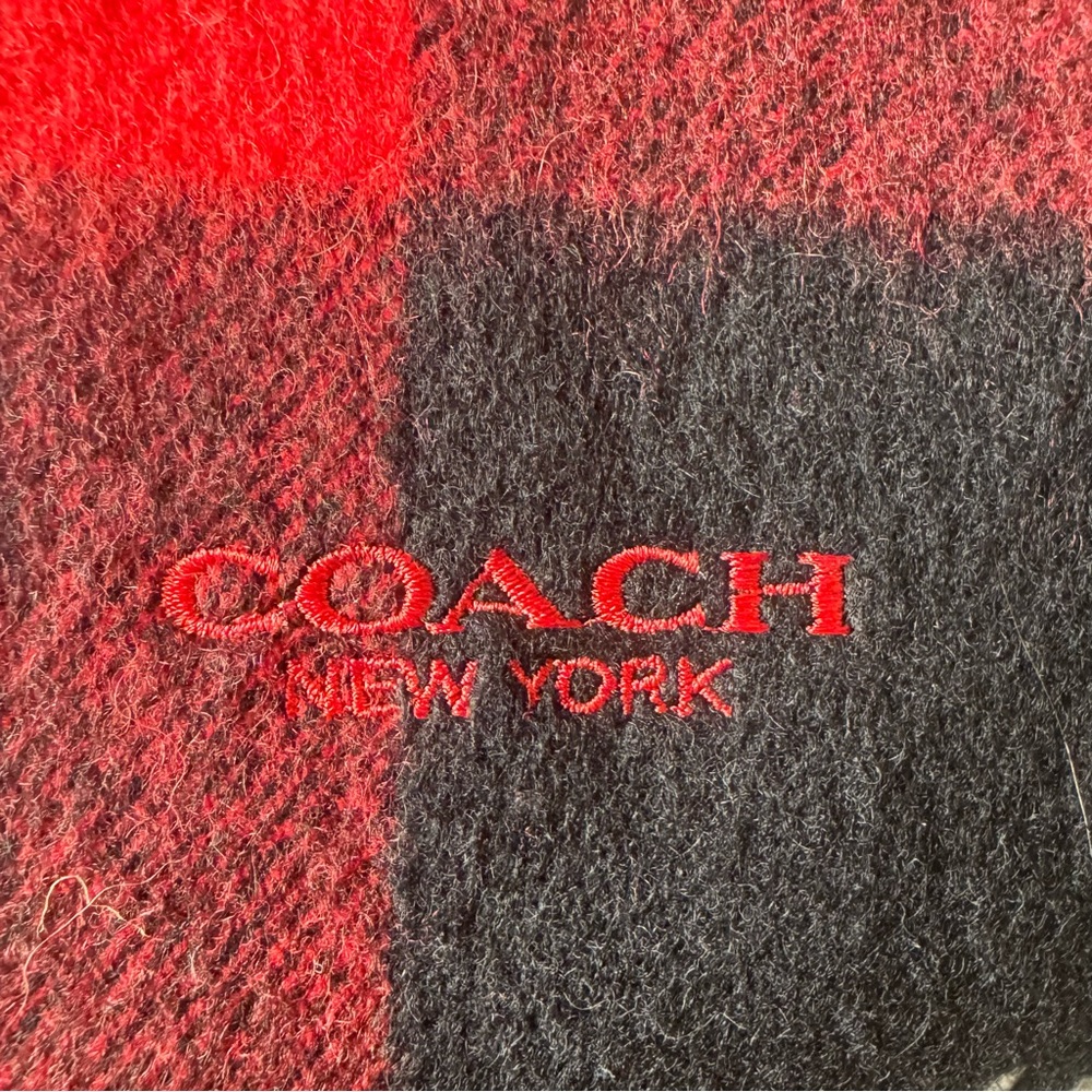 COACH Wool & Cashmere Plaid Winter Tasseled Wrap Scarf RED-BLACK / 12” W x 70” L - Picture 8 of 10